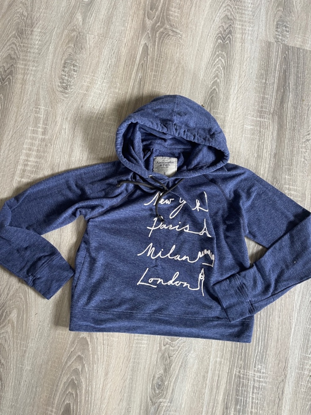 Abercrombie & Fitch Navy Blue Hoodie with Script”New York, Paris, Milan, London”